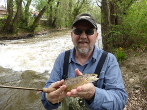 This is the first one Dan got into his hands, but right before this brought one of the biggest brown trout I may have ever seen on boulder creek to our shoe laces, when it popped off the hook. 